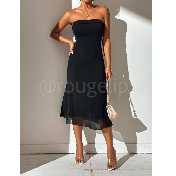 Strapless Tube Black Mesh Dress Stretchy Midi - Picture 5 of 10
